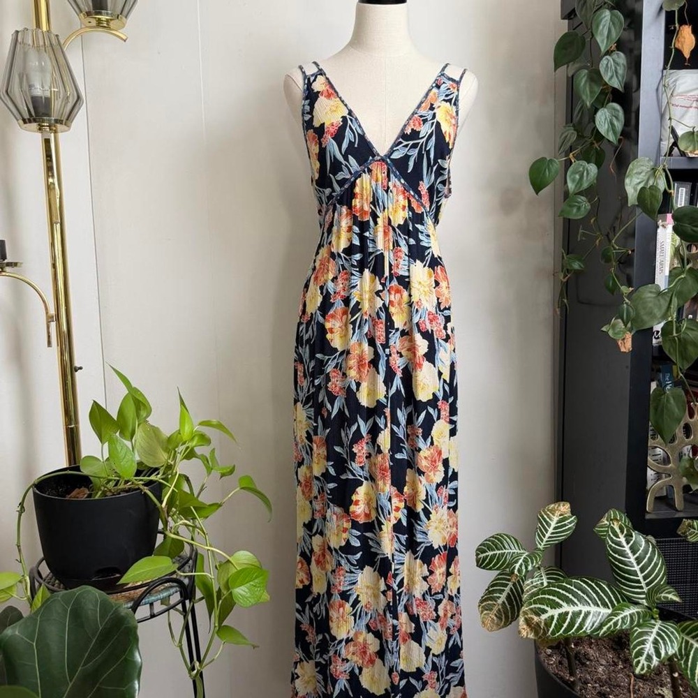 Xhilaration Womens Floral Maxi Dress V-Neck Tie Waist Blue Yellow Orange Large